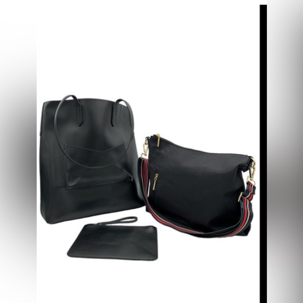 Three-Piece Black Tote, Crossbody & Pouch Set